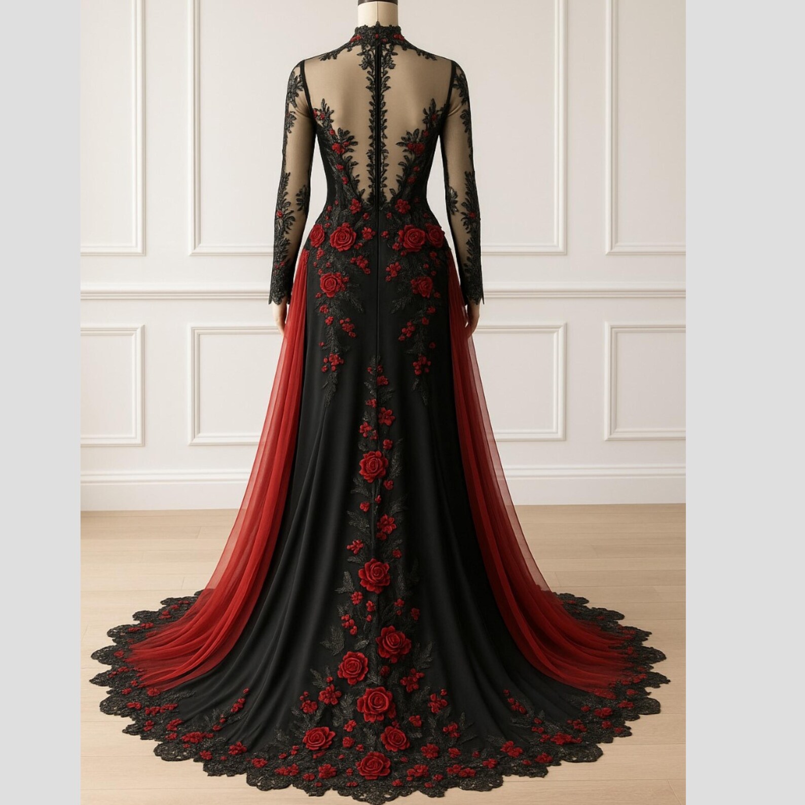 Black and Red Gothic Wedding Dress, Lace, 3D Rose Appliqués and Train ...