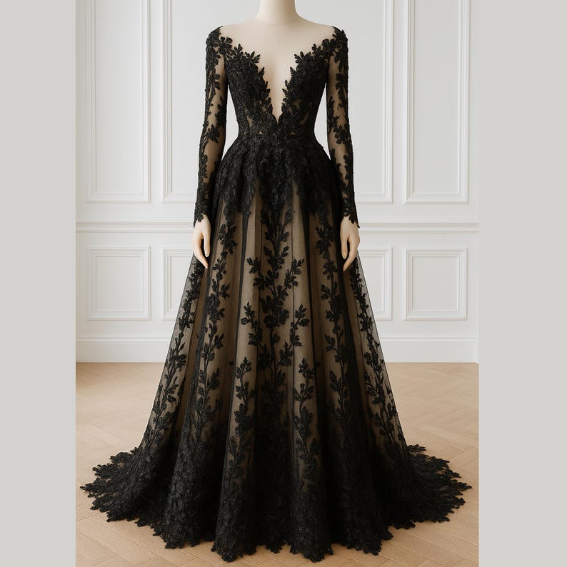 Black Embroidered Lace Gothic Wedding Dress, Handmade Tulle Bridal Gown ...