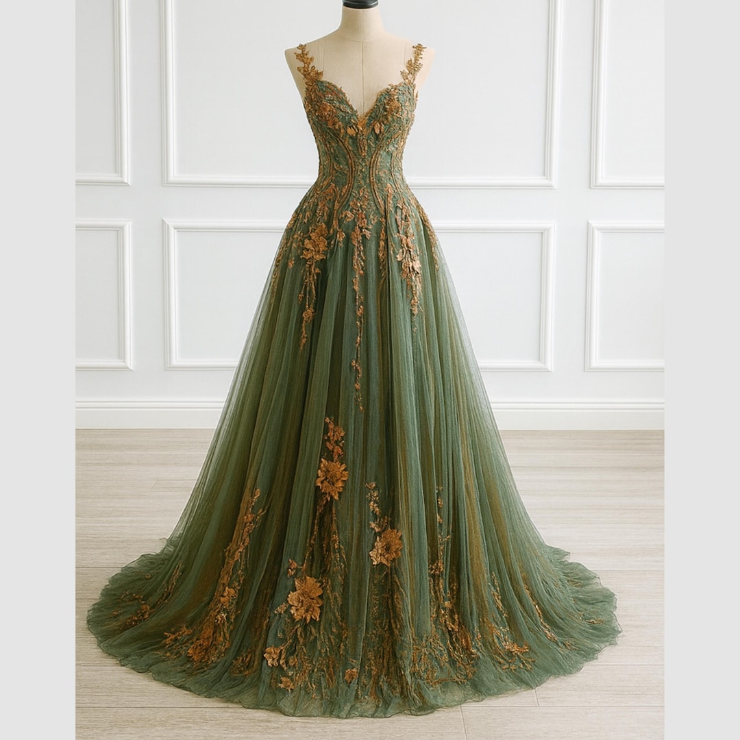 Emerald Green Tulle Party Dress w/ Gold Sequin Bow main image 1
