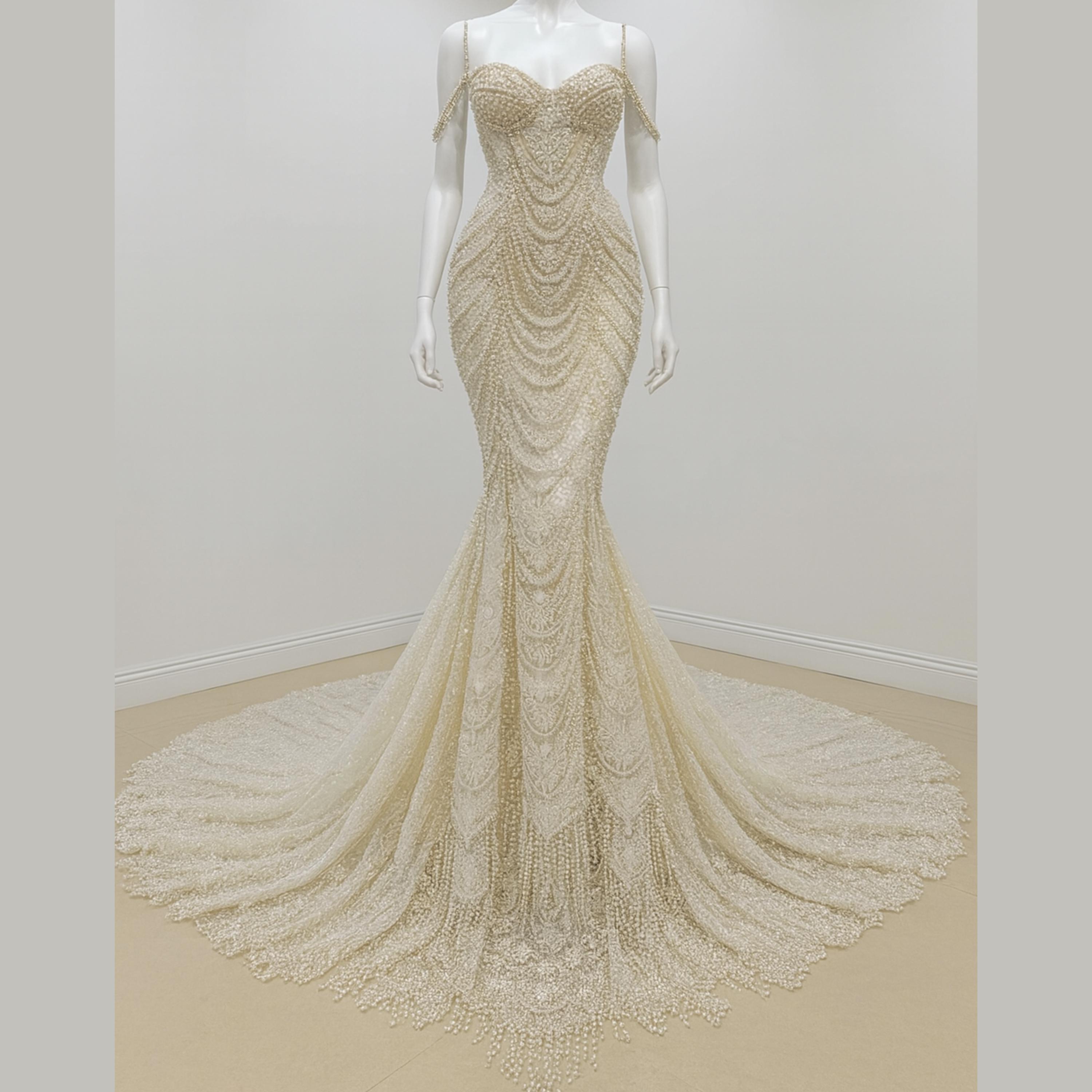 gold and white mermaid wedding dress Spaghetti Straps Sleeveless Mermaid Wedding Dress Deep V-Neck Applique Beaded Pleated Bride Gowns White / Custom Size main image 1