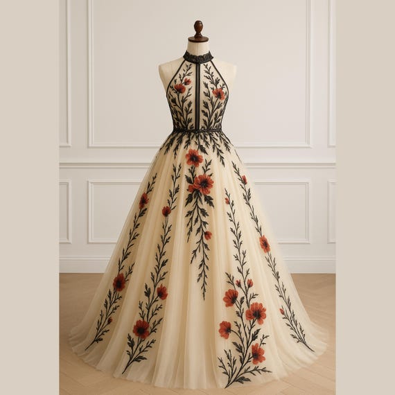 Floral Embroidered Wedding Dress, Ivory Tulle Ball Gown With Red & Black  Lace - Etsy Israel