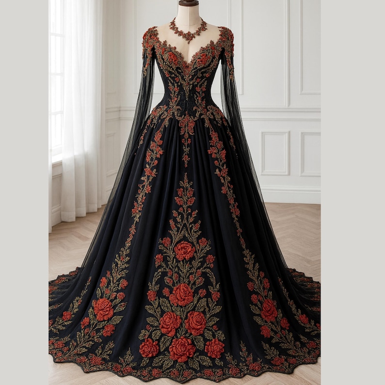 Black Gothic Wedding Dress, Red Rose Embroidered Ball Gown - Etsy