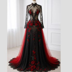 Black and Red Gothic Wedding Dress, Sheer Lace Long Sleeve Bridal Gown with 3D Rose Appliqués and Dramatic Train, renaissance ball Gown