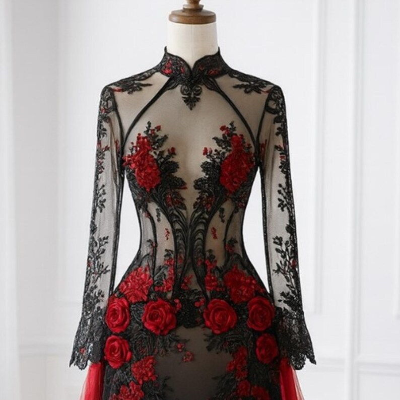 Black and Red Gothic Wedding Dress, Lace, 3D Rose Appliqués and Train ...