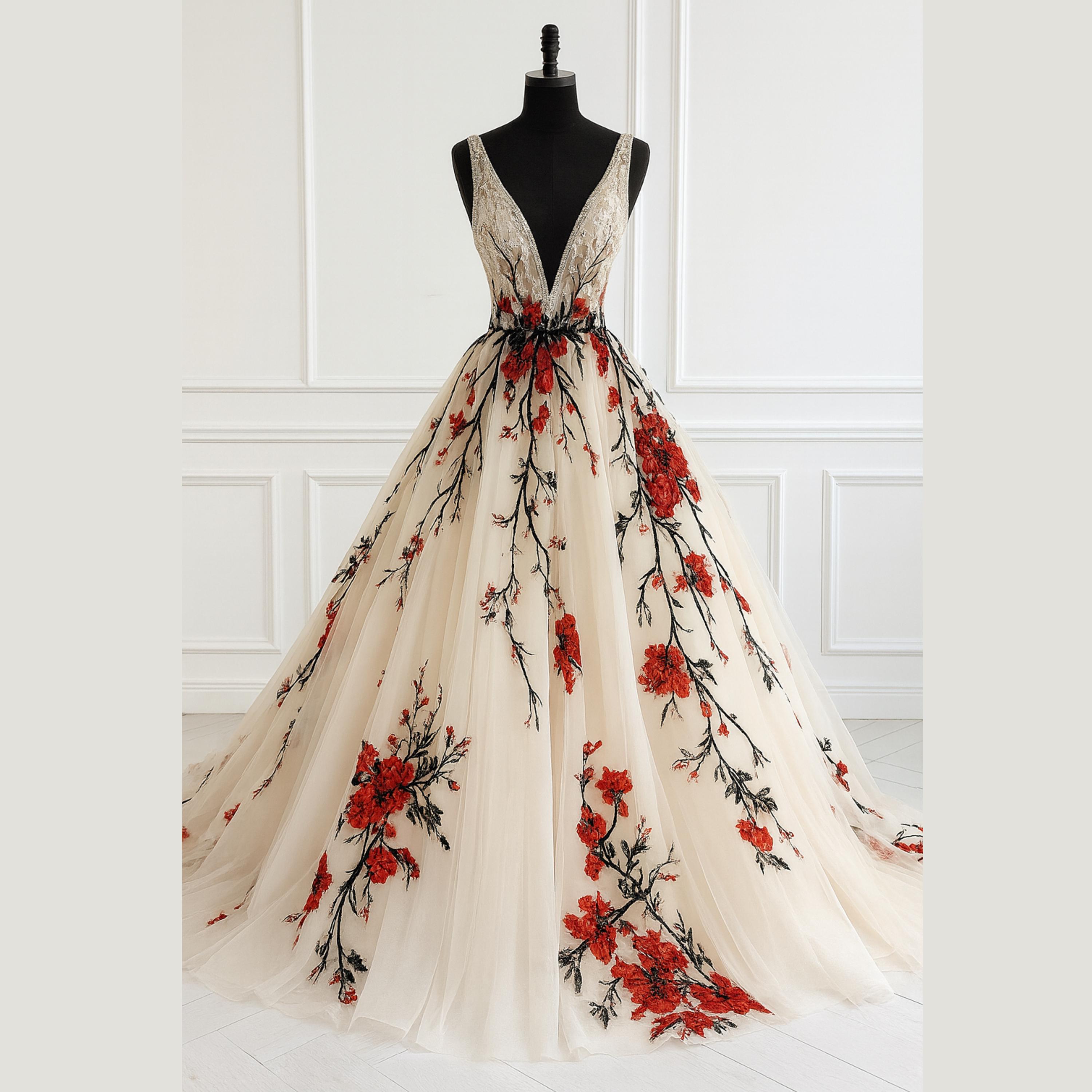 Hand Embroidered Red Floral Ball Gown