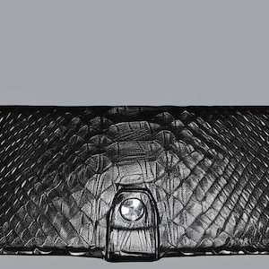 May include: A black, rectangular wallet with a textured, quilted pattern. The wallet has a silver-toned clasp in the centre. The background is a solid grey.