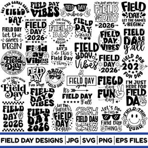 Può includere: Una collezione di design grafici in bianco e nero con il testo Field Day, Field Day Vibes, Field Day Squad e Field Day Crew. I design includono vari caratteri, segni di pace, occhiali da sole, faccine sorridenti e stelle.