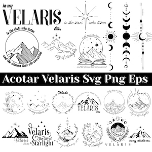 Op de afbeelding: Een verzameling zwart-wit grafische ontwerpen met berglandschappen, hemelse elementen en tekst. De ontwerpen bevatten zinnen als "Velaris", "City of Starlights" en "to the stars who listen".