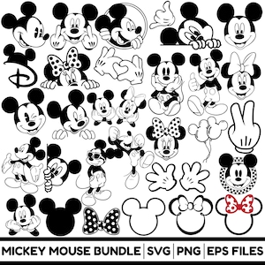 Könnte beinhalten: Eine Sammlung von schwarz-weißen Mickey Mouse-Grafiken. Enthält verschiedene Posen von Mickey Mouse, Minnie Mouse, Mickeys Händen und Schleifen. Der Text "MICKEY MOUSE BUNDLE SVG PNG EPS FILES" befindet sich unten.
