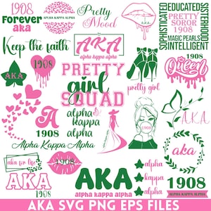 Puede incluir: Una colección de gráficos rosados y verdes de Alpha Kappa Alpha (AKA). Los diseños incluyen texto como "1908", "Pretty Girl Squad" y "Keep the Faith", junto con varios elementos decorativos como corazones, labios y una mariposa. Es un archivo digital.