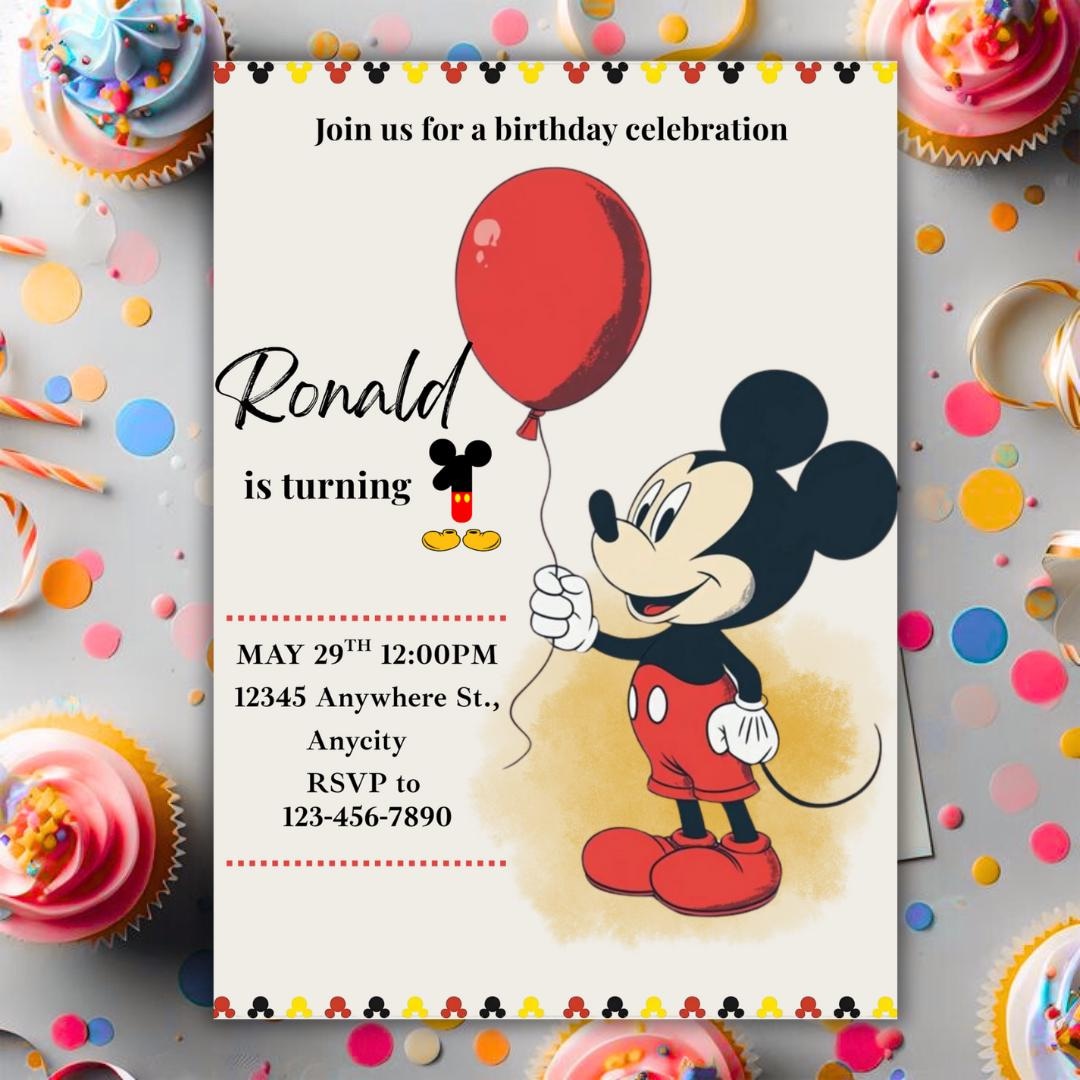 Editable Mickey Mouse Birthday Invite,mickey Mouse Digital Birthday ...