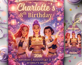 Kpop Demon Hunters Birthday Invitation, Huntrix Golden Anime Theme (Editable PDF)