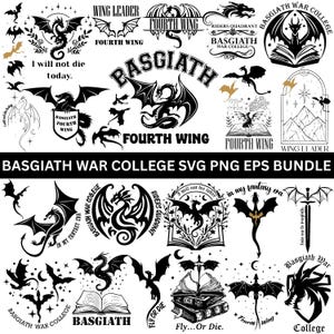Puede incluir: Colección de diseños en blanco y negro con temática de dragones, incluyendo dragones, alas y elementos de texto como "Fourth Wing" y "Basgiath War College". Adecuado para diversos proyectos creativos.