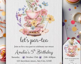 May include: A floral-themed birthday party invitation with the text "let's par-tea" and "Amelia's 5th Birthday". The invitation features a stack of pink teacups and saucers adorned with flowers. A matching gift tag is also visible.