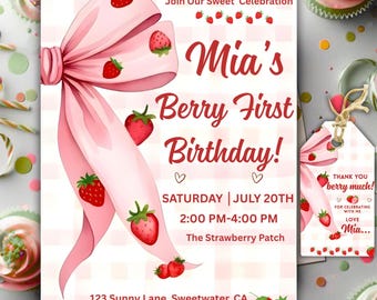 Plantilla de invitación de cumpleaños de tarta de fresa, dulce como la fresa, editable (PDF)