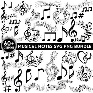 May include: A collection of black and white musical notes and symbols. The image includes treble clefs, eighth notes, and other musical notations. Text reads "60+ DESIGNS MUSICAL NOTES SVG PNG BUNDLE".