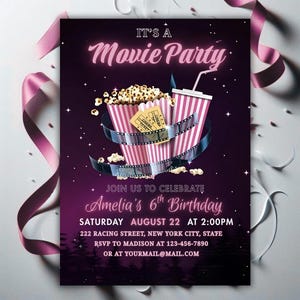 Movie Party Birthday Invitation, Movie Party Birthday, Popcorn Movie Night Birthday, Pink Kids Evite Cinema Party, Cinema Birthday Invite