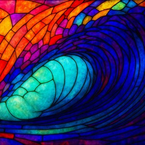 May include: A stained glass artwork depicting a wave. The wave is rendered in shades of blue and turquoise, with a vibrant, colorful background of orange, red, pink, and purple. The design is reminiscent of a mosaic or a stained glass window.