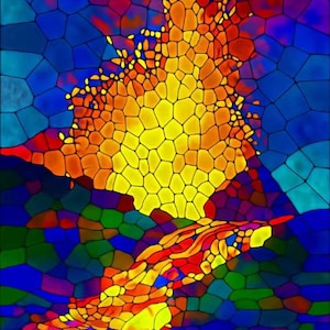 May include: Abstract stained glass art piece with a vibrant color palette. The design features a central yellow and orange shape, possibly representing a flame or sun, against a blue background. The artwork is composed of irregular, mosaic-like shapes.