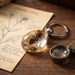 May include: A clear, oval-shaped resin keyring containing a preserved wasp with yellow and black stripes. The keyring features a silver-toned metal ring attached to the top, showcasing the insect specimen in a transparent, smooth, and polished finish.