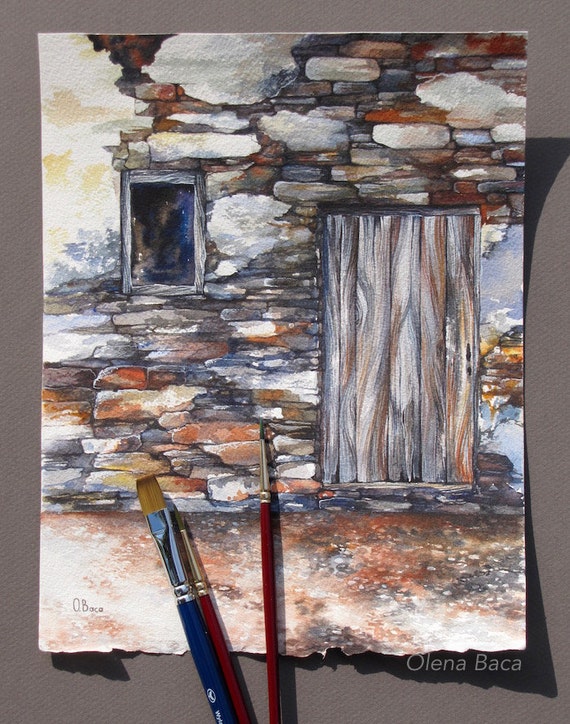 Old House Painting Original Watercolor Art Old Door Painting Rustic Wall Art Gray Brown Art Old Building Art Original Artwork Old Home