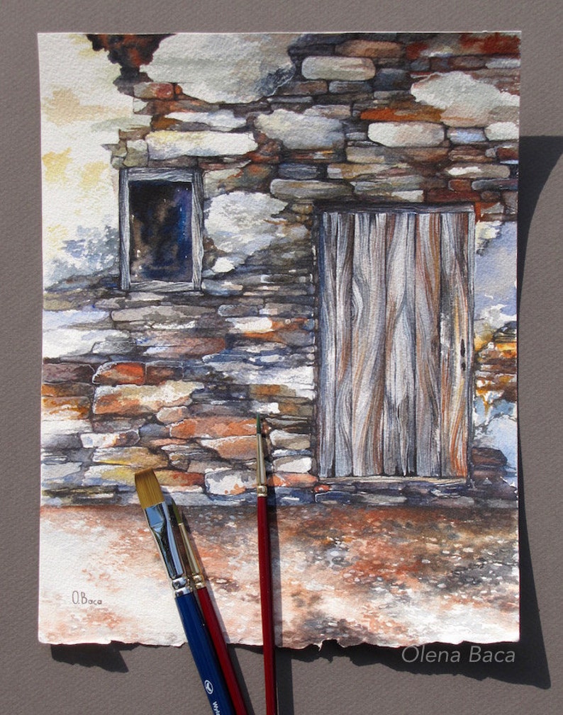 Old House Painting Original Watercolor Art Old Door Etsy