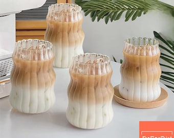 Aesthetic Wavy Glass Cup Set Irregular Iced Coffee Glass Unique Ripple Drinking Glasses for Latte Juice & Tea