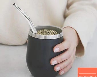 マテ茶用ひょうたん型容器セット（ボンビージャストローと蓋付き）、二