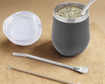 マテ茶用ひょうたん型容器セット（ボンビージャストローと蓋付き）、二