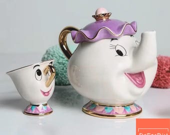 Set da tè de La Bella e la Bestia con teiera, tazza e patatine di Mrs. Potts, ispirato alla Disney. Set da tè con teiera e tazza a tema cartoni animati, regalo perfetto per gli amanti della Disney.