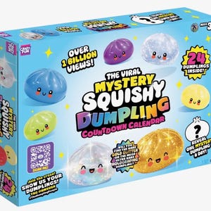 May include: A blue box featuring the text "The Viral Mystery Squishy Dumpling Countdown Calendar." The box displays colorful, smiling dumpling toys. Text includes "Over 2 Billion Views!" and "24 Dumplings Inside!"