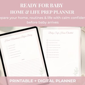 Puede incluir: Un planificador digital e imprimible para la preparación del hogar y la vida para el bebé. El planificador incluye listas de verificación para el mantenimiento del hogar y la preparación de un hogar seguro para el bebé. El texto de la imagen dice "READY FOR BABY HOME & LIFE PREP PLANNER".