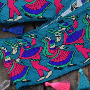 Teal Sword Dance: Bright Embroidered Silk Trim, Fabric Ribbon, Sari Border, 5.5&quot; wide, Traditional Indian Scene, DIY Crafts, Sewing Notions