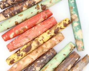 Earthy Speckled Bone Beads, 1.25-1.5" HairPipe, 12 Pieces, Multicolor Grab Bag Assortment, DIY Crafts, Macrame, Beaded Jewelry Making