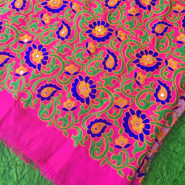 Bright Pink Floral Embroidered Silk Fabric from Rajasthan, India Textile, Fabric, Wall Hanging, Boho Home Decor, Sewing Supply, 42" x 1 yard