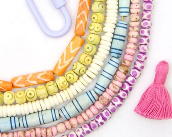 Bead Bundle: Handmade Pastel Colorful Spacer Bone Beads, 6 Strands, Assorted Shapes & Sizes, DIY Craft, Beaded Jewelry Making, Macrame Beads