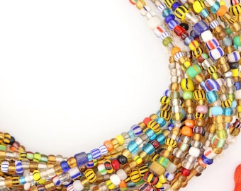 African Love Beads Celeste Mix Necklace, Ghana Glass Christmas Beads, 36", 5x3mm