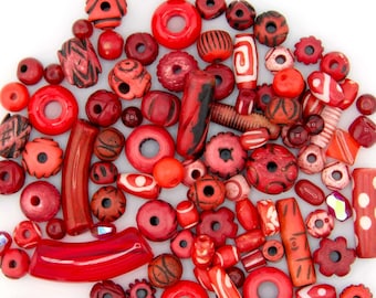 Red Beads, Root Chakra Bead Grab Bag, Glass Beads. Bone Beads, Acrylic Bamboo, Bead Assortment, DIY Jewelry Making