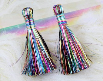 Rainbow Tinsel Tassels, 2.5" Metallic, Jewelry Making Supply, Metallic Tinsel Fringe, DIY Jewelry Making, Tassel Earrings, 2 pcs