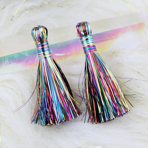 Rainbow Tinsel Tassels, 2.5" Metallic, Jewelry Making Supply, Metallic Tinsel Fringe, DIY Jewelry Making, Tassel Earrings, 2 pcs