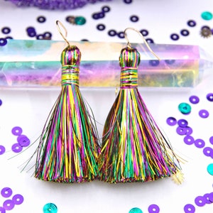 Mardi Gras Tinsel Tassels, 2.5" Metallic, Shiny Festive Holiday Decor, Jewelry Making Supply, Metallic Sparkly Tassels for Earrings, 2 pcs