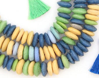 Blue, Green, & Yellow Ashanti Krobo Beads, Rondelle Beads, African Glass Necklace, 14x3mm, Beaded Jewelry, Large Hole, DIY Jewelry Making