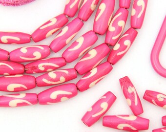 Pink Comma Barrels: Hand Painted Bone Beads, 6x18mm, 12 pieces, DIY Crafts, Beaded Jewelry Making, Macrame Beads, Tube Spacers, Focal Charms