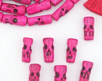 Pink Hand-Carved Skull Bone Beads: 8x20mm, Halloween Beads, DIY Crafts, Macrame, Beaded Jewelry Making, Magenta Focal Beads, Sugar Skulls