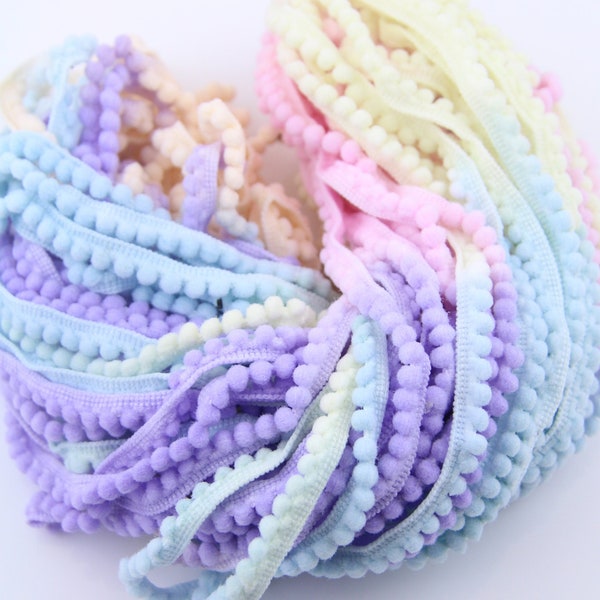 Pastel Rainbow PomPom Trim, Pom Pom Fringe | Purple, Pink, Blue, Yellow Ribbon from India 1/4" x 3 yards | Gift Wrap, Decorating Supplies