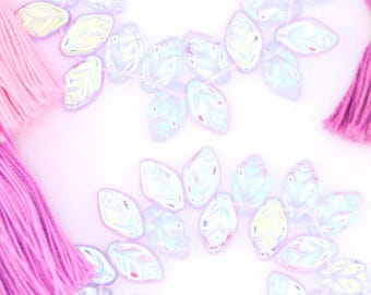 Lavender Purple AB Czech Glass Pressed Leaf Beads, 12x7mm, 24 Beads