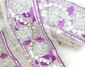 Airy Violet & Silver Embroidered Floral Ribbon: 3.5" Mesh Trim by the yard, DIY Craft Supplies, Sewing Notions, Sew On Trims
