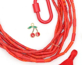 Vintage Red African Glass Cylinder Bead Necklace from Gambia, 3-4mm, Beaded Jewelry, DIY Jewelry Making, Red Spacers, Tube Beads