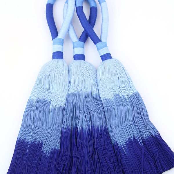 Big Blue Ombre Tassel, Handmade Cotton Wall Hanging, 11", Boho Beachy Home Decor, Giant Purse Charm, Woven Wall Art, Drawer Pull, 1 pc.