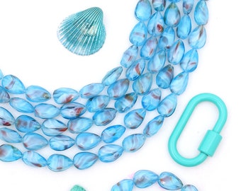 Turquoise Glass Beads, Faceted Teardrop , 11" Strand, 8x12mm, Beaded Jewelry Making, Focal Beads, DIY Crafts, Blue Beads, Marbled Beads